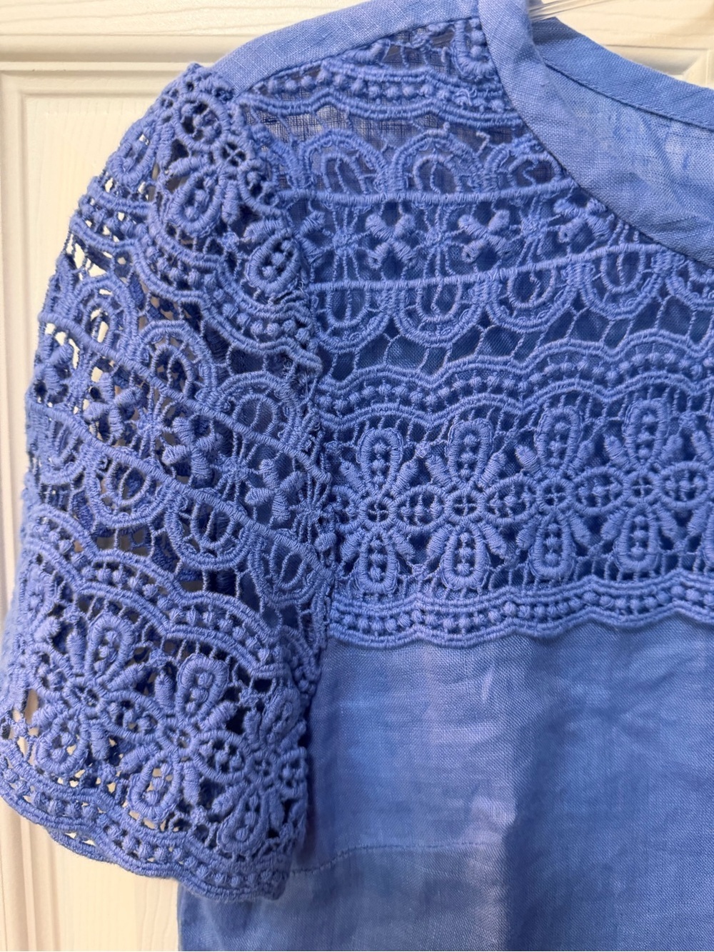 J.Crew Blue 100% Linen Crochet Lace Short Sleeve Blouse Top Size 00 - Picture 3 of 8